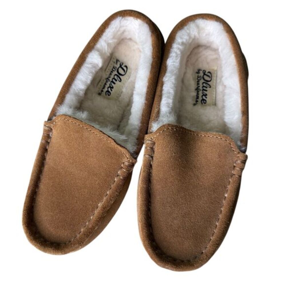 Duxe by Dearfoams Kids Tan Suede Moccasin Slippers Cozy Shearling Lined Size 13